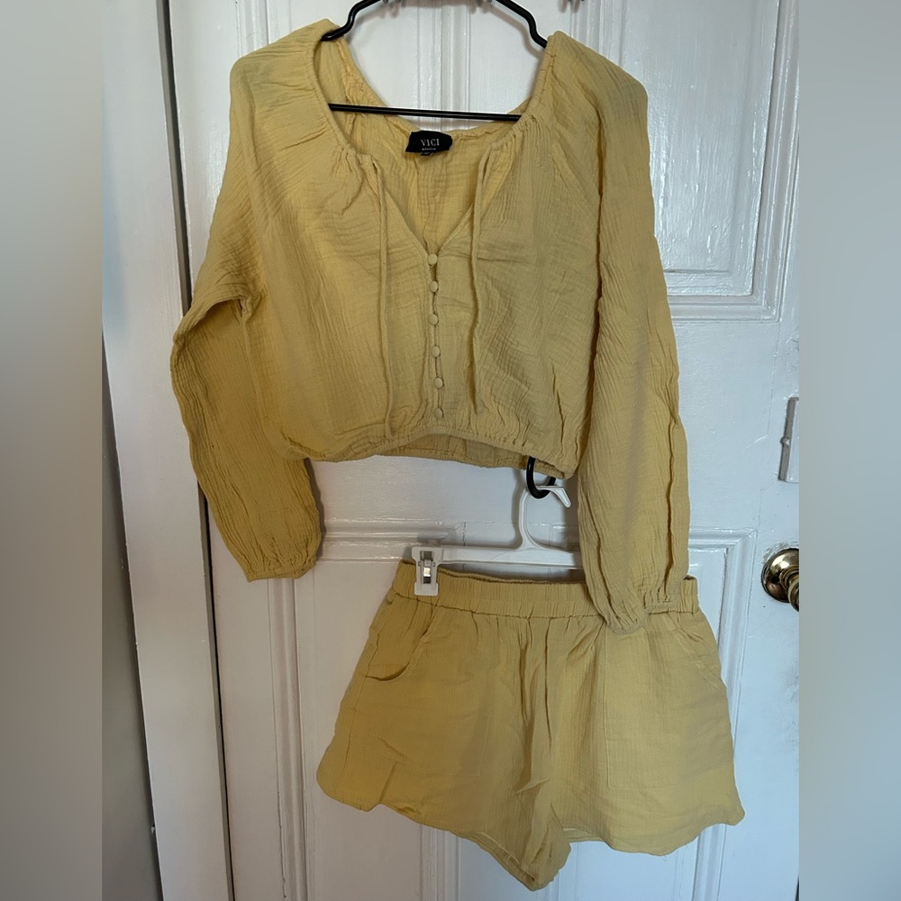 Vici Light Yellow Crop Top With Matching Shorts Set